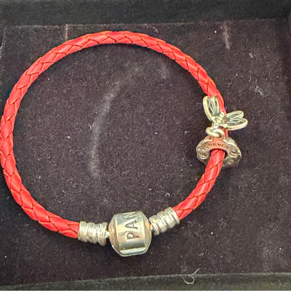 Pandora Red Braided Leather Bracelet with a charm